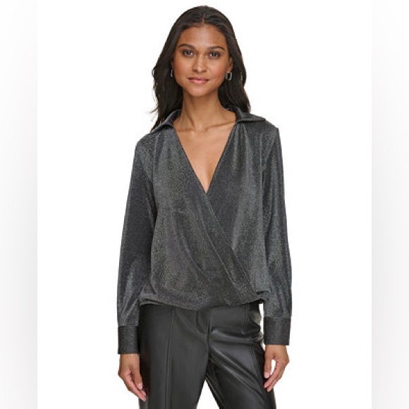 Calvin Klein Tops - NWT Calvin Klein Lurex Long-Sleeve Faux-Wrap Top Size XL